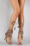 Suede Fringe Cuff Lace Up Single Sole Heel