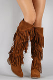 Suede Layered Fringe Round Toe Knee High Boots