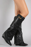 Twist-Lock Pointy Toe Fold Over Cuff Knee High Wedge Boots