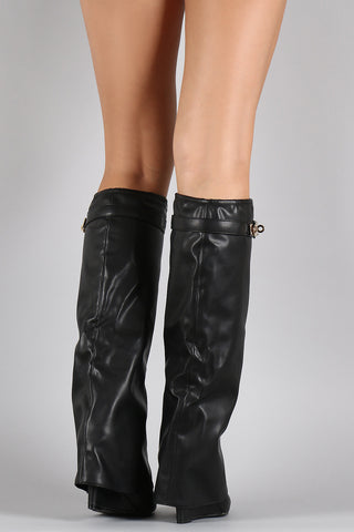 Twist-Lock Pointy Toe Fold Over Cuff Knee High Wedge Boots