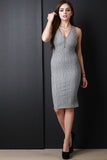 Ribbed Knit Zipper V-Neck Midi Dress