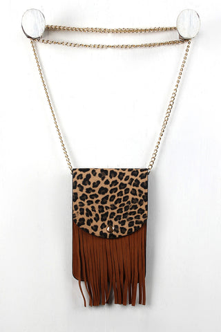 Leopard Flap Suede Fringe Pouch Bag
