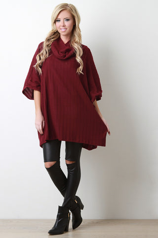 Cowl Neck Ribbed Fleece Poncho Top