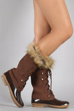 Faux Fur Cuff Lace Up Duck Mid Calf Boots