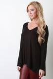 Jersey Knit Wide V-Neck Long Sleeve Top