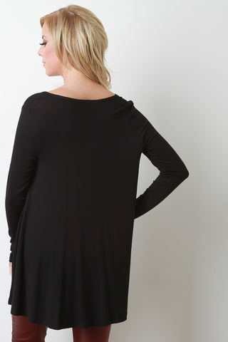 Jersey Knit Wide V-Neck Long Sleeve Top