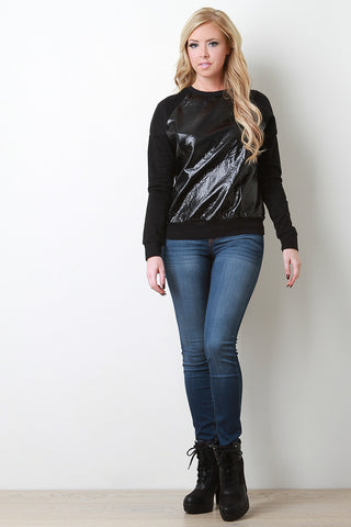 Vegan Leather and Knit Raglan Pullover Top