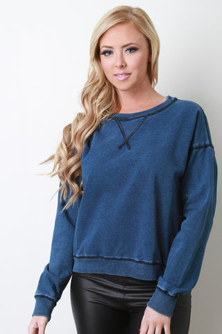 Thick Denim Knit Dropped Shoulder Pullover Top