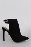 Suede Fringed Buckle Strap Pointy Toe Stiletto Booties