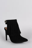 Suede Fringed Buckle Strap Pointy Toe Stiletto Booties