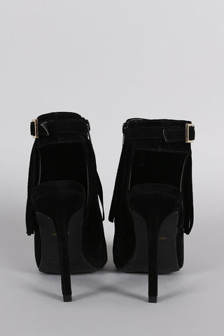 Suede Fringed Buckle Strap Pointy Toe Stiletto Booties