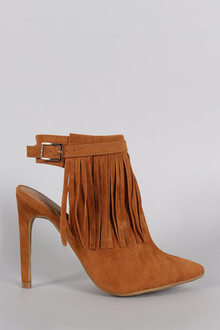 Suede Fringed Buckle Strap Pointy Toe Stiletto Booties