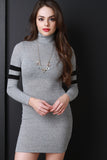 Marled Knit Mock Neck Long Sleeves Striped Bodycon Mini Dress