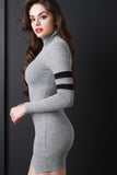 Marled Knit Mock Neck Long Sleeves Striped Bodycon Mini Dress
