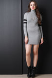 Marled Knit Mock Neck Long Sleeves Striped Bodycon Mini Dress
