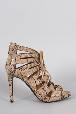 Python Strappy Lace Up Peep Toe Stiletto Heel