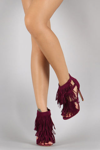 Tiered Fringe Front Suede Open Toe Heel