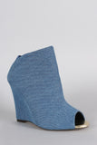 Denim Back Elastic Gore Peep Toe Wedge Booties