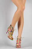 Liliana Multicolor Geometric Print Strappy Lucite Lace Up Heel