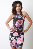 High Neck Floral Imprint Mini Dress