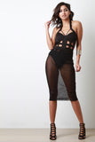 Halter Cage Bodysuit With Sheer Mesh Midi Skirt