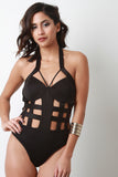 Halter Cage Bodysuit With Sheer Mesh Midi Skirt