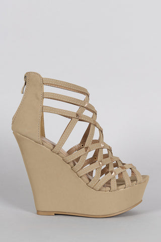 Vegan Suede Strappy Criss Cross Peep Toe Studded Wedge