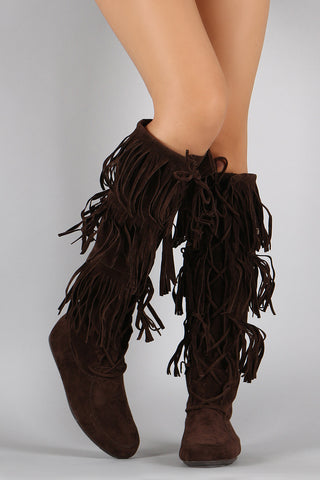 Lace Up Suede Fringe Knee High Boots