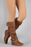 Belted Slouchy Vegan Leather Flat Knee High Boot