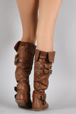 Belted Slouchy Vegan Leather Flat Knee High Boot