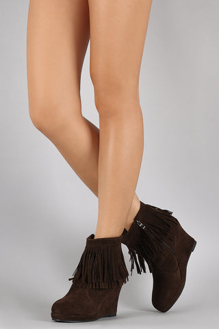 Suede Layered Fringe Wedge Booties