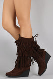 Suede Layered Fringe Drawstring Moccasin Wedge Boots