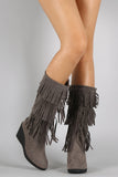 Suede Layered Fringe Moccasin Mid Calf Wedge Boots