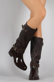 Buckled Textured Shaft Riding Knee High Boots