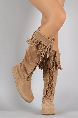 Fringe Cuff Vegan Suede Lace Up Moccasin Boots