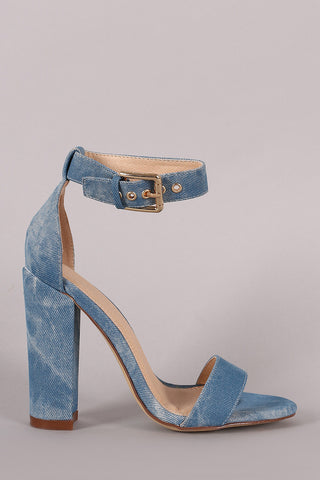 Liliana Denim Buckled Ankle Strap Chunky Heel