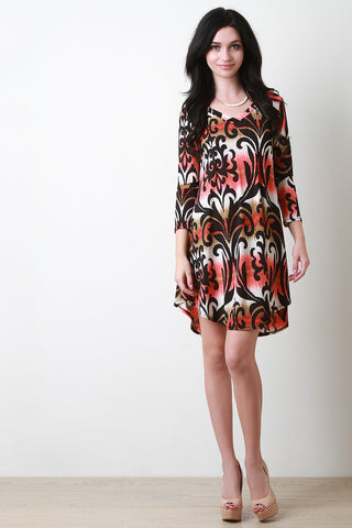 Tie-Dye Damask Print V-Neck Dress