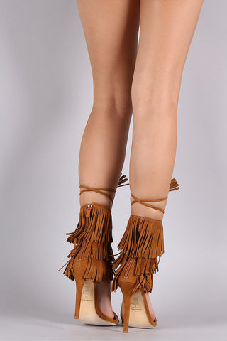 Suede Fringe Cuff Lace Up Single Sole Heel