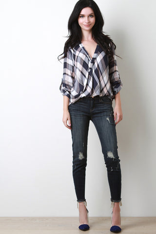 Plaid Surplice Button Tab Sleeves Top