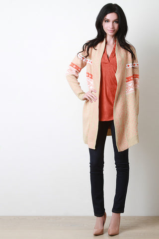 Mixed Pattern Tight Knit Long Cardigan