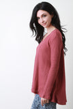 Waffle Knit V-Neck Long Sleeve Top