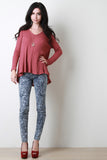 Waffle Knit V-Neck Long Sleeve Top