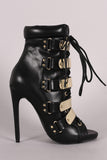 Strappy Metallic Shield Combat Lace Up Stiletto Booties