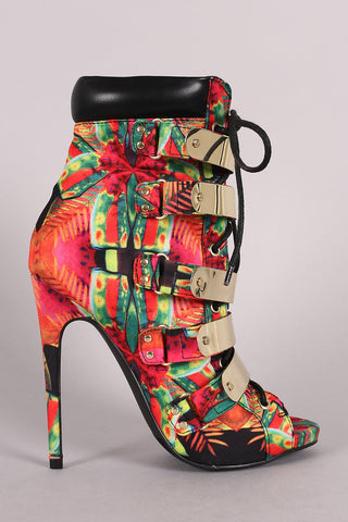 Tropical Print Strappy Metallic Shield Combat Stiletto Booties