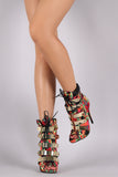 Tropical Print Strappy Metallic Shield Combat Stiletto Booties