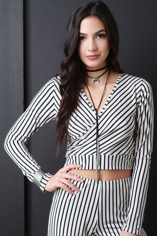 Surplice Striped Long Sleeve Crop Top