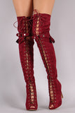 Suede Peep Toe Buckled Strap Lace Up Over-The-Knee Boots