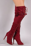 Suede Peep Toe Buckled Strap Lace Up Over-The-Knee Boots