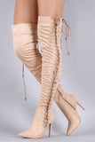 Suede Corset Lace Up Pointy Toe Stiletto Over-The-Knee Boots