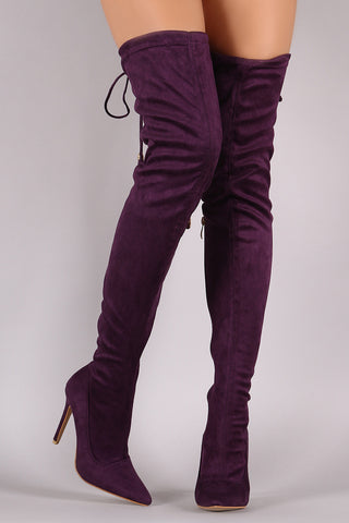 Suede Back Corset Drawstring Pointy Toe Stiletto Over-The-Knee Boots